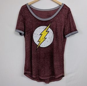 DC Comics Flash Tissue Ringer Tee Burgundy Heather